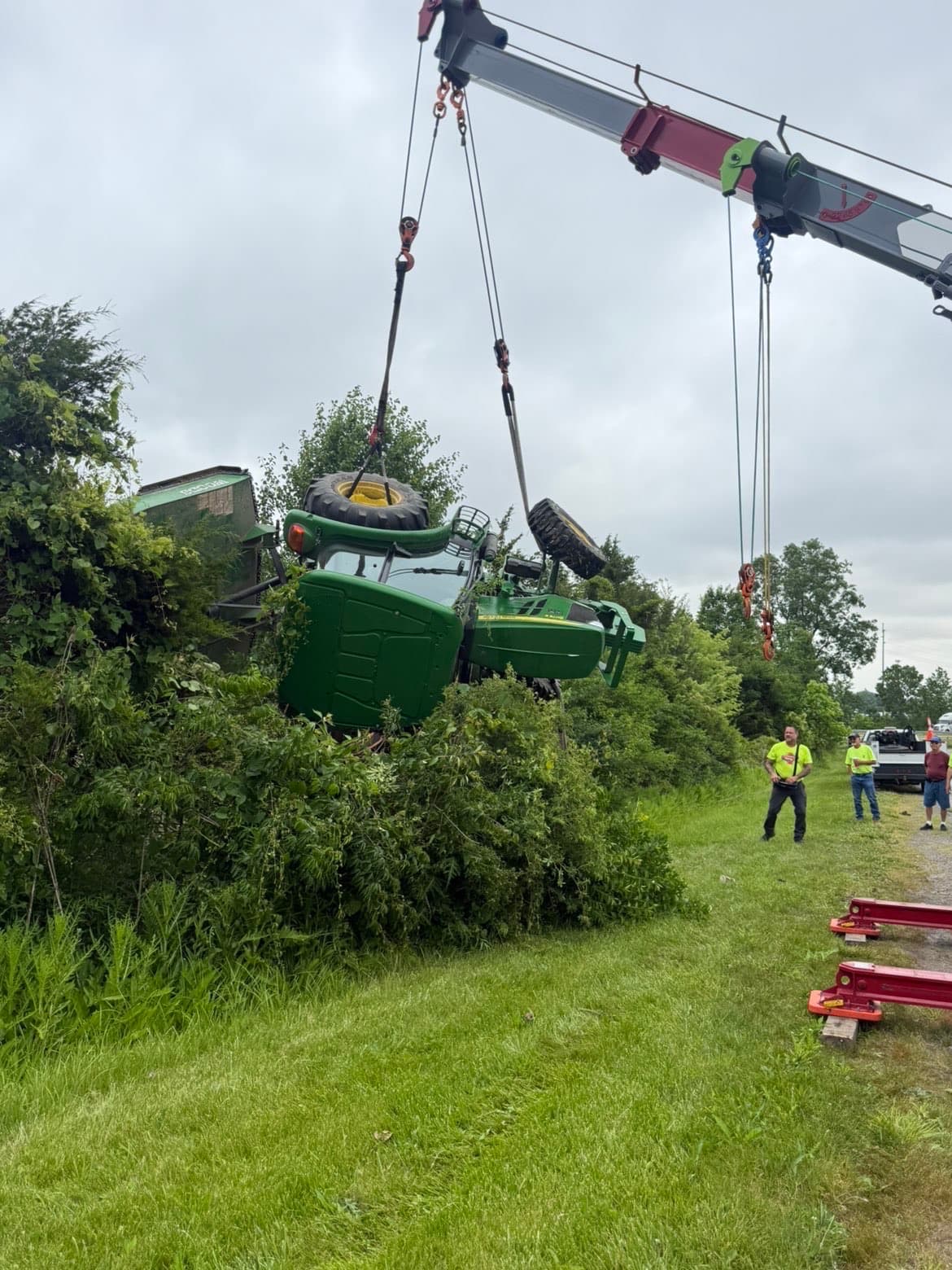 Crane recovery of overturned John Deere tractor — heavy recovery Northwest Ohio